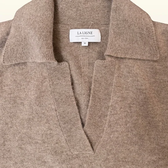 NEW La Ligne Cashmere V Neck Collared Sweater size Medium Camel Wool Pullover - Picture 5 of 9